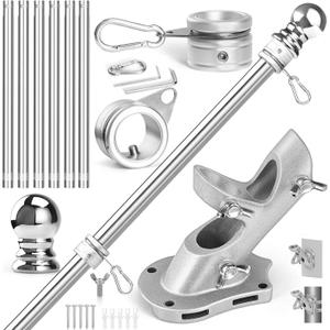 Anovo Flag Pole Kit- Stainless Steel 7 FT Flag Poles with1 Inch Metal 360 Rotating Flag Pole Rings Clip, Two-Position Flag Pole Holder Brackets Mounting for Outside House Outdoor Porch(7 FT - Sliver)