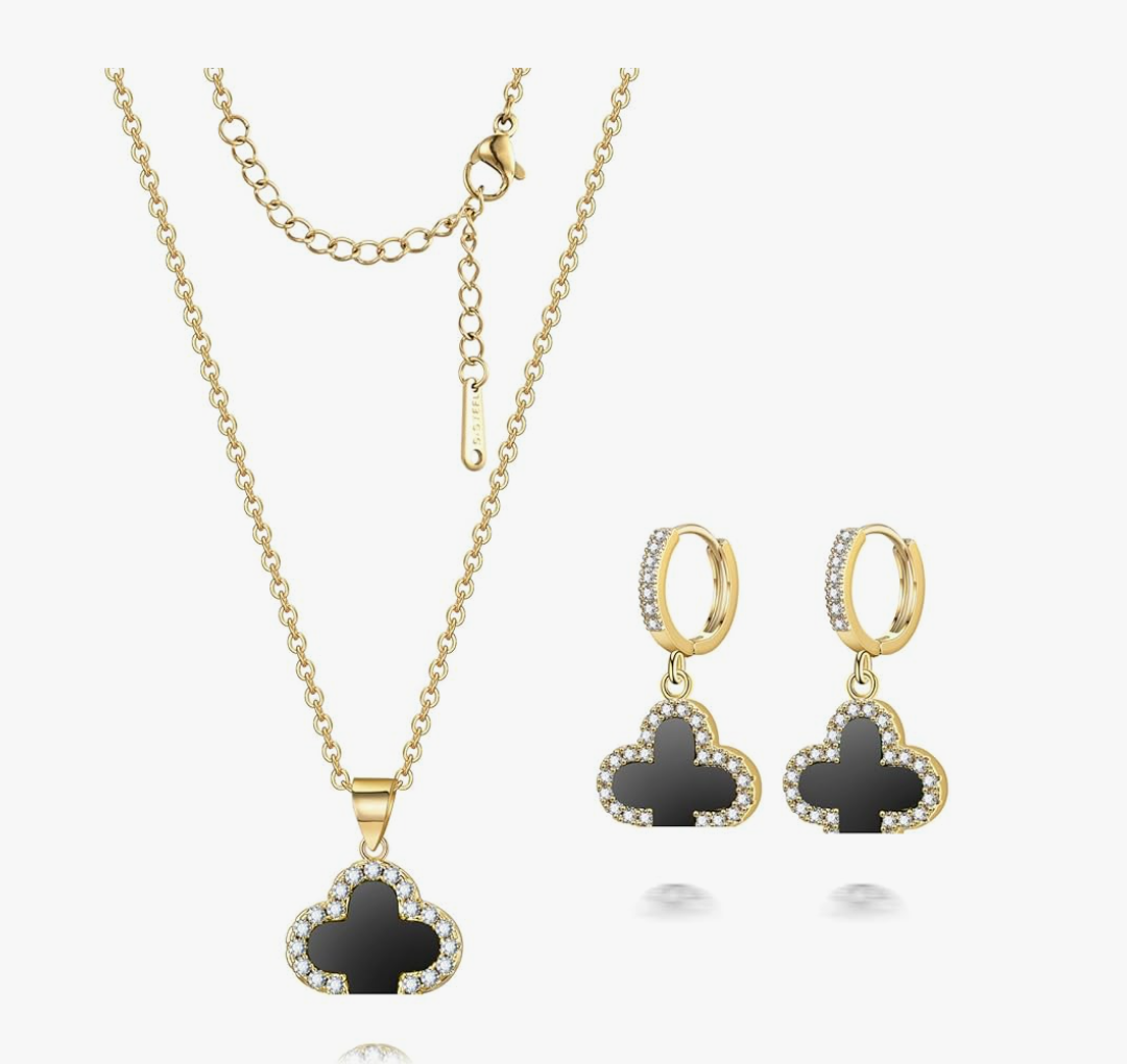 Clover Necklace and Clover Earrings Black White Green Red Pendant 18k Gold Plated Lucky Clover Jewelry Set for Women Trendy