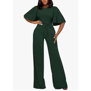 BessCops Womens Loose Short Sleeve Belted Wide Leg Pant Romper Jumpsuit Casual Business One Piece Outfits Small, Green