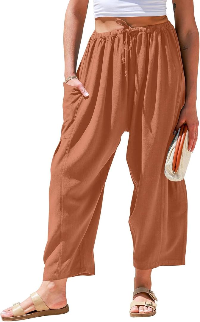 TARSE Womens Linen Wide Leg Pants Casual Loose Drawstring Summer Beach Travel Vacation Palazzo Harem Pants with Pockets (XL)
