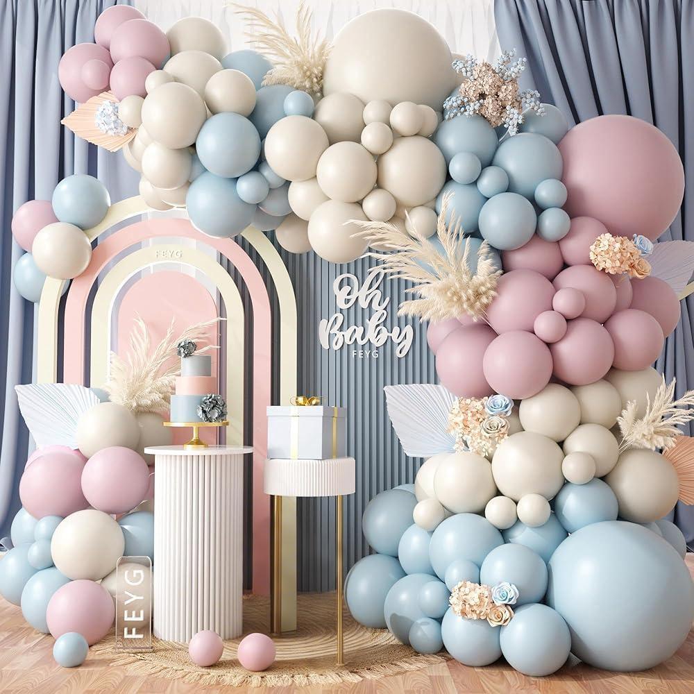 Gender Balloon Garland Arch Kit, Dusty Pink and Blue White Sand Balloons Boho Pink Nude Balloon for Neutral Theme Baby Shower Birthday Bridal Shower Wedding Gender & Reveal Party Decoration