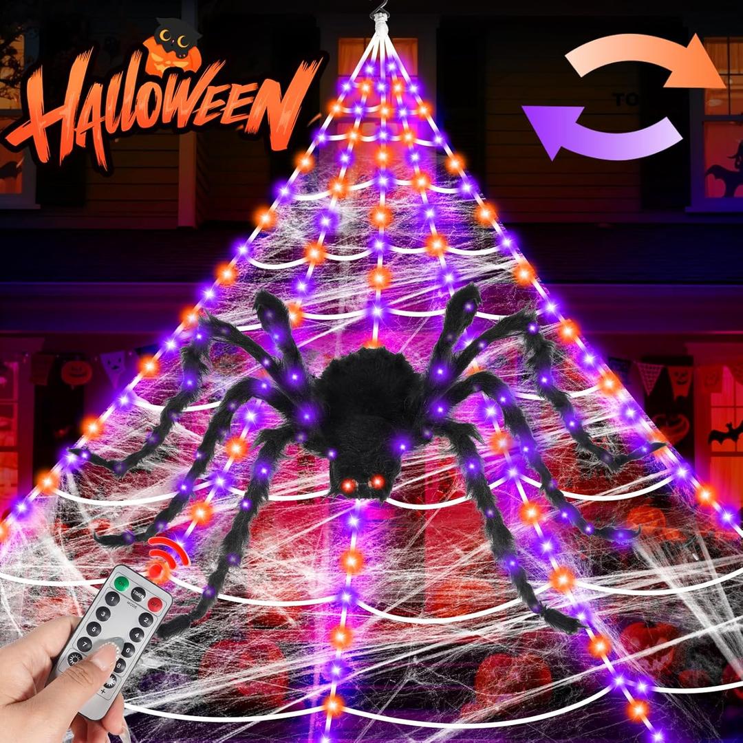 Halloween Spider Web Decoration Outdoor 200 LED 16.4FT Spider Web Lights with 59" Light Up Giant Spider 8 Lighting Modes Waterproof for Party Garden Home Costumes Yard Haunted House Dcor