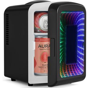 Antarctic Star Mini Fridge 4 Liter/6 Cans Portable Mini Compact Refrigerator with Gaming Light, for Bedroom,Car,Office and Dorm, Small Cooler for Cosmetics, Beverage and Food, Black