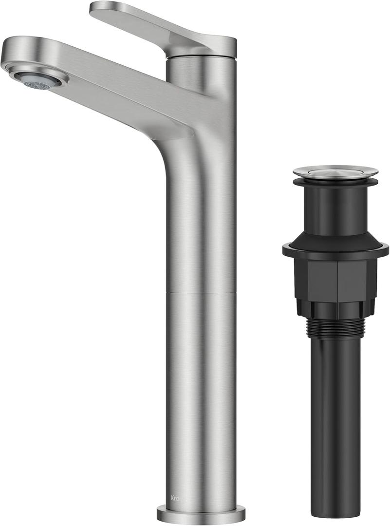 KRAUS Indy Bathroom Faucet for Vessel Sink in Spot-Free Brushed Nickel with Single Handle, Pop Up Drain and Supply Lines, KVF-1410SFBN