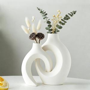 Modern Resin Vases Set - Waterproof Donut Centerpieces for Farmhouse/Boho Decor, Dual Use as Flower Holder & Shelf Decor (Matte White)