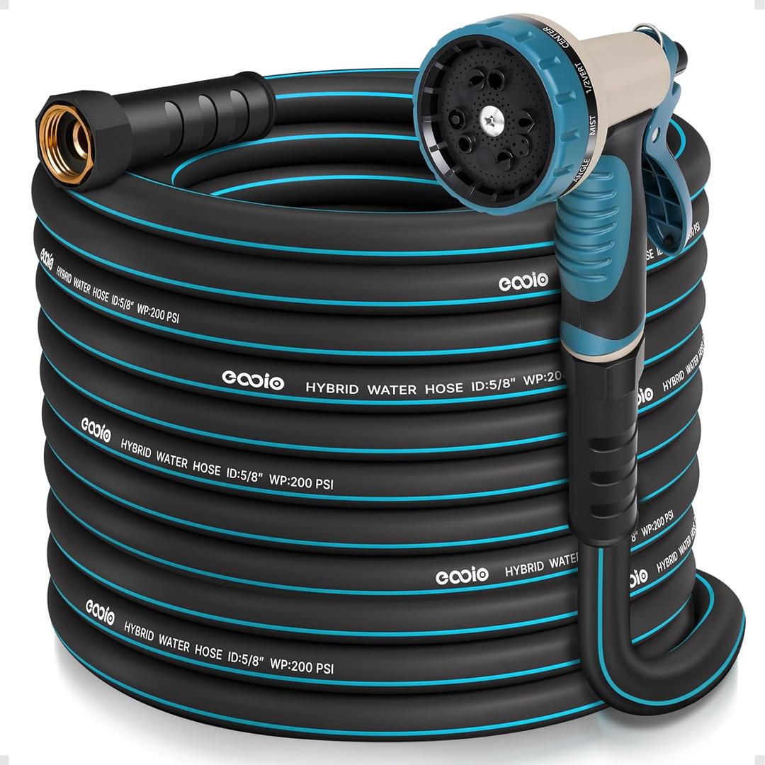 Garden Hose 75 ft x 5/ 8" with Nozzle, Water Hose Heavy Duty Flexible, Lightweight Kink-less Hybrid Hose with Swivel Handle, Male to Female Fittings