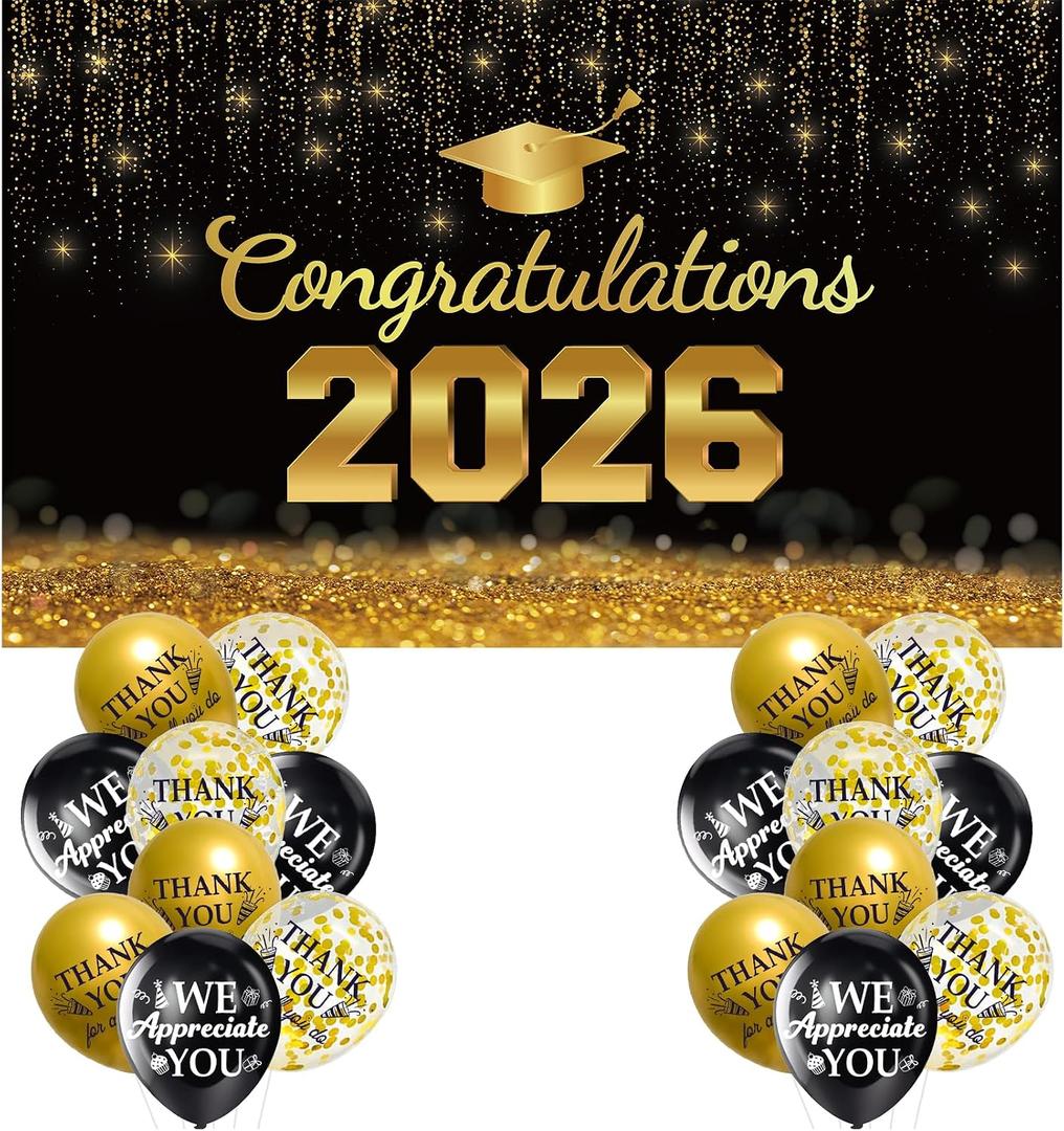 Black and Gold Class of 2026 Banner, Large Congrats Grad Banner Backdrop, Class of 2026 Decorations for Indoor, Outdoor, High School College Graduation Party Decorations Supplies