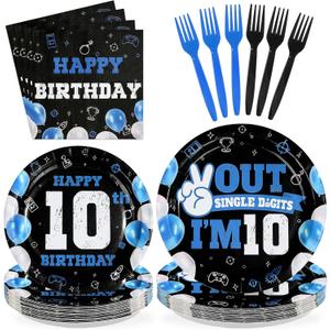 96Pcs 10th Birthday Supplies for Boys Blue and Black 10th Birthday Plates and Napkins Disposable Out of Single Digits I'm 10 Tableware Set for Kids Teen Boys 10 Years Old Party Decorations Serves 24