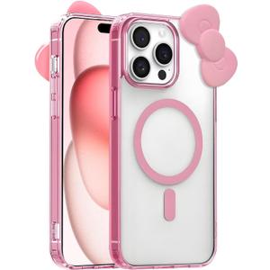 Cute Cartoon 3D Bowknot Design Compatible For iPhone 15 Pro Max Case, Kawaii fun design transparent magnetic shockproof protective case for boys and girls for iPhone 15 Pro Max 6.7" 2023 (Pink)