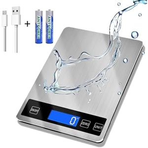 33lb Food Scale, Digital Kitchen Scale Batteries and USB Charging,1g/0.05oz Precise Graduation, Waterproof Stainless Steel with LCD Display Weight Grams and oz for Cooking Baking (Stainless Steel)