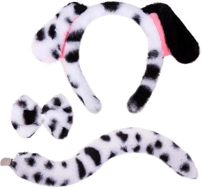 JIALWEN Dalmatian Dog Ears Headband with Tail Bowtie Puppy Animal Costume Set Halloween Party Cosplay Dress Up Accessories for Adults Women