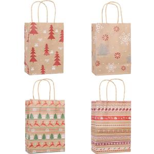 Infanote 24 pcs Christmas Gift Bags With Handles Kraft Paper Treat Candy Goody Goodie Bags Xmas Bulk Pack for Kids Adults Xmas Party Favor Supplies Holiday