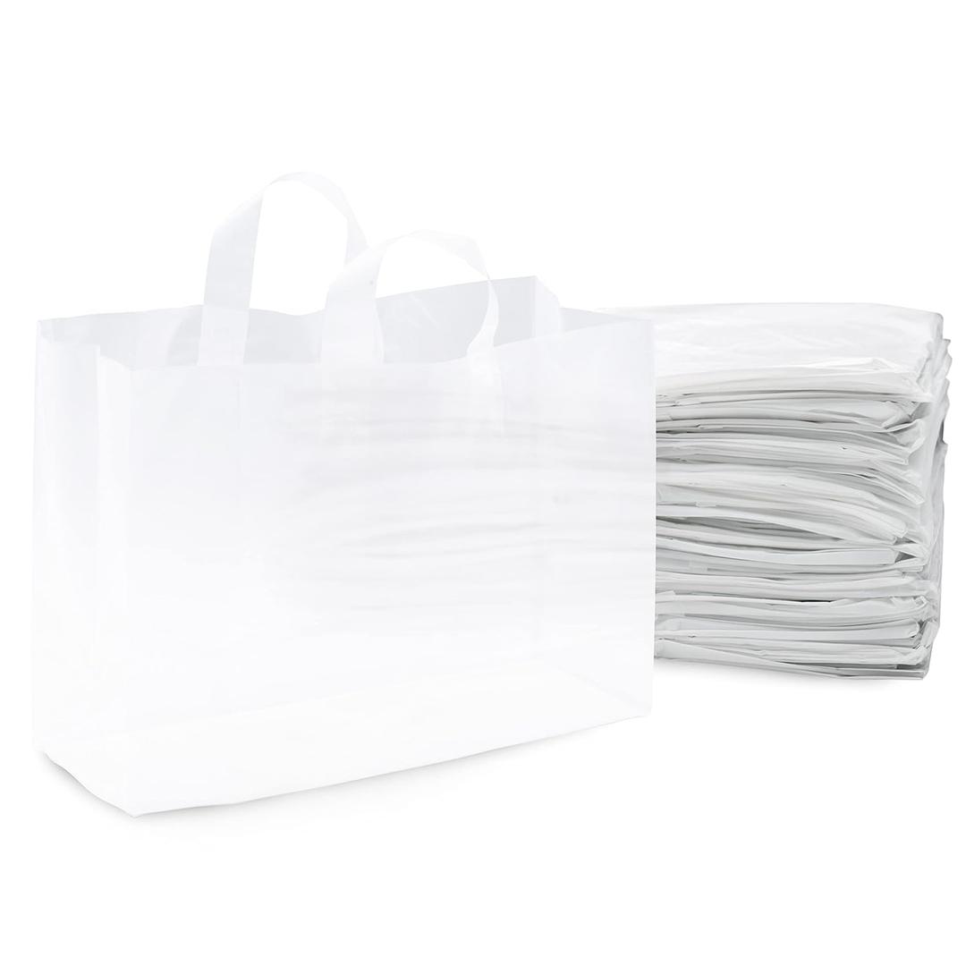 Prime Line Packaging Plastic Gift Bags, Frosted Shopping Bags with Handles for Small Business Essential, Boutique, Large Tote for Retail, Bulk, 16x6x12, 50 Pack