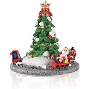 iStatue Rotating Musical Christmas Tree Figurine – Resin Holiday Decoration with Santa Train, Plays “Merry Christmas” Song, 6” Tall Spinning Xmas Gift (Xmas Tree)