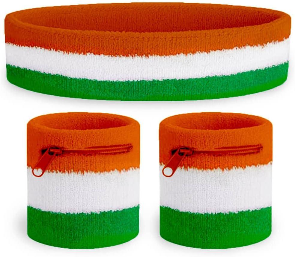TIpsy Elves Zippered Sweatband Sets - Novelty Adult Unisex Retro Headband Set with Matching Hidden Pocket Wristbands - Irish Flag Headband OSFM