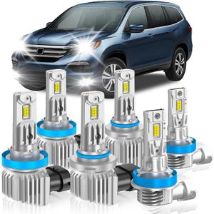 Fit for Honda 2006-2018 Pilot Light Bulbs, High/Low Beam Fog Light Bulbs Combo, 800% Brightness CSP Chips, 6000K White, Efficient Heat Dissipation, Pack of 6