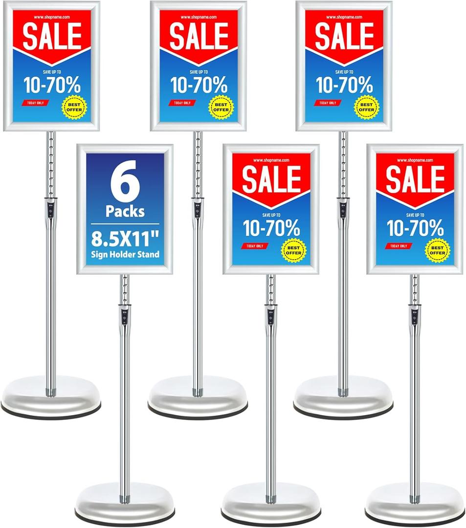 6Packs 8.5x11 Inch Adjustable Pedestal Poster Sign Stand, Heavy Duty Floor Standing Sign Holder Stand Aluminum Snap Open Frame for Vertical and Horizontal View Sign Displayed(Silver) 6Packs 8.5x11 Inch Adjustable Pedestal Poster Sign Stand, Heavy Duty Floor Standing Sign Holder Stand Aluminum Snap Open Frame for Vertical and Horizontal View Sign Displayed(Silver)