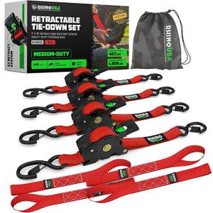 Rhino USA Retractable Ratchet Straps (4-Pack) - 1 Inch x 10 Feet (1,209lb Break Strength) - Heavy Duty Auto Self Retracting Tie Down Straps for Truck, Cargo Trailer, Motorcycle, Rad & More - Red