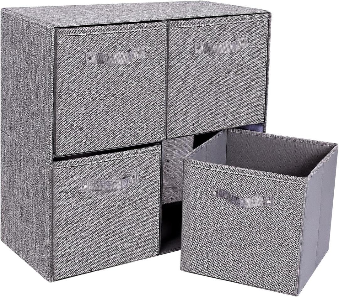 Linen Cube Organizer Shelf with 4 Bins Fabric Cube Storage Organizer with Handle Collapsible Cubbie Shelf for Dorm Storage Under Bed Organizing Shelves Bedroom Office(Grey)