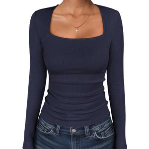 ANRABESS Long Sleeve Shirts for Women Square Neck Tops Ribbed Knit Slim Fit Basic Tee Going Out Fall Fashion Clothing (Small, Navy Blue)