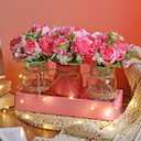 Honeydak 9 Pcs Mason Jar Centerpiece for Dining Room Table with Farmhouse Wood Tray, 3 Mason Jars, 6 Fake Flowers, and 2 LED Light for Room Kitchen Living Bathroom Wedding (Peony)