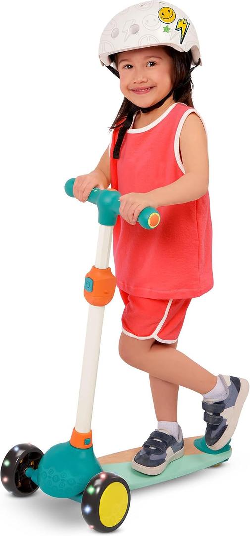 B. toys Wood Kids Scooter Adjustable Height & Light Up Wheels Solid Wooden Deck 3+ Years