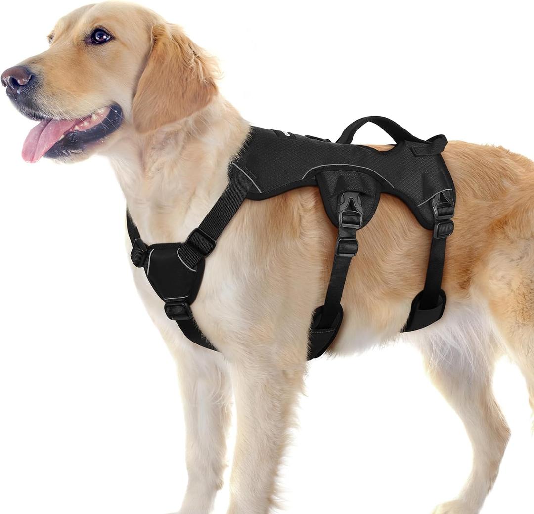 rabbitgoo Escape Proof Dog Harness, Soft Padded Full Body Pet Harness, Reflective Adjustable No Pull Vest with Lift Handle and Leash Clip for Large Dogs Walking Hiking Training, L, Black (Large (Pack of 1))
