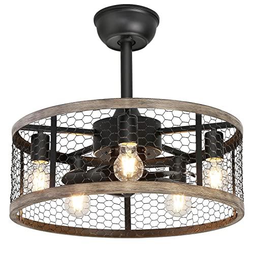 Ohniyou 20'' Caged Rustic Farmhouse Ceiling Fan with Lights Remote Control, Reversible Motor, 6 Speeds Ceiling Fan Light Fixture for Dining Room Bedroom