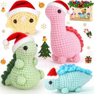 Crochet Kit for Beginners, Beginner Crochet Kit for Adults with Step-by-Step Video Tutorials, DIY Crochet Animal Kits Kids Knitting Supplies, 4 Pack Dinosaurs (40%+ Yarn) Knitting Patterns