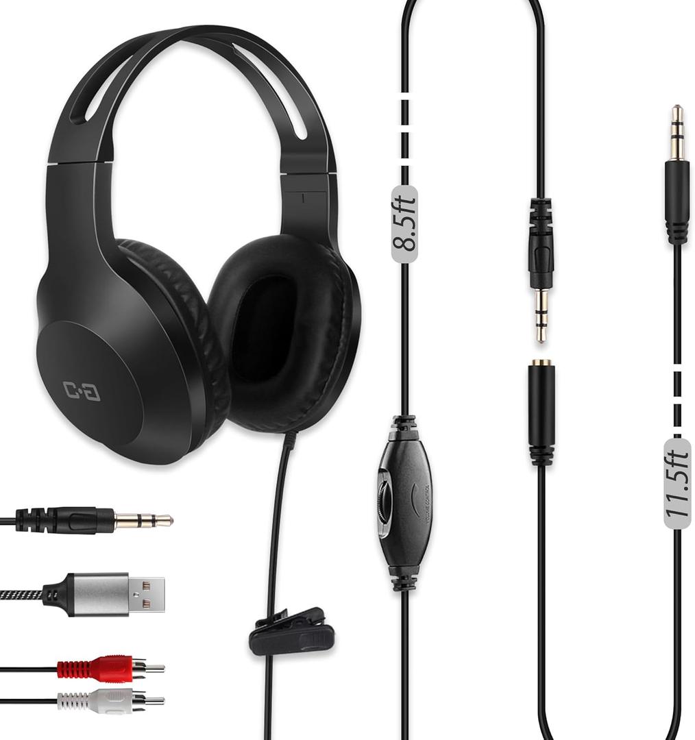20Ft Extra Long Cord Headphones for TV & PC with Volume Control, Wired TV Headset with Extension Cable, 3.5mm Aux Jack with USB & RCA Adapters for More TVs, Senior Friendly Black
