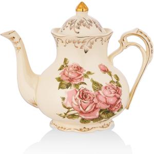 Ceramic Tea Pot, 35 OZ/4 Cup Ivory Rose Vintage Floral Porcelain Teapot with Gold Trim, European Style, Gift for Women, Decorative Ideas (Pink Rose)
