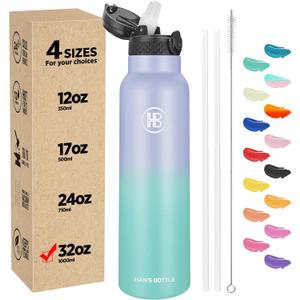 Han's Bottle Sports Water Bottle - 32 Oz, Straw Lid, Leak Proof, Vacuum Insulated Stainless Steel, Double Walled, Thermo Mug,Lilac green