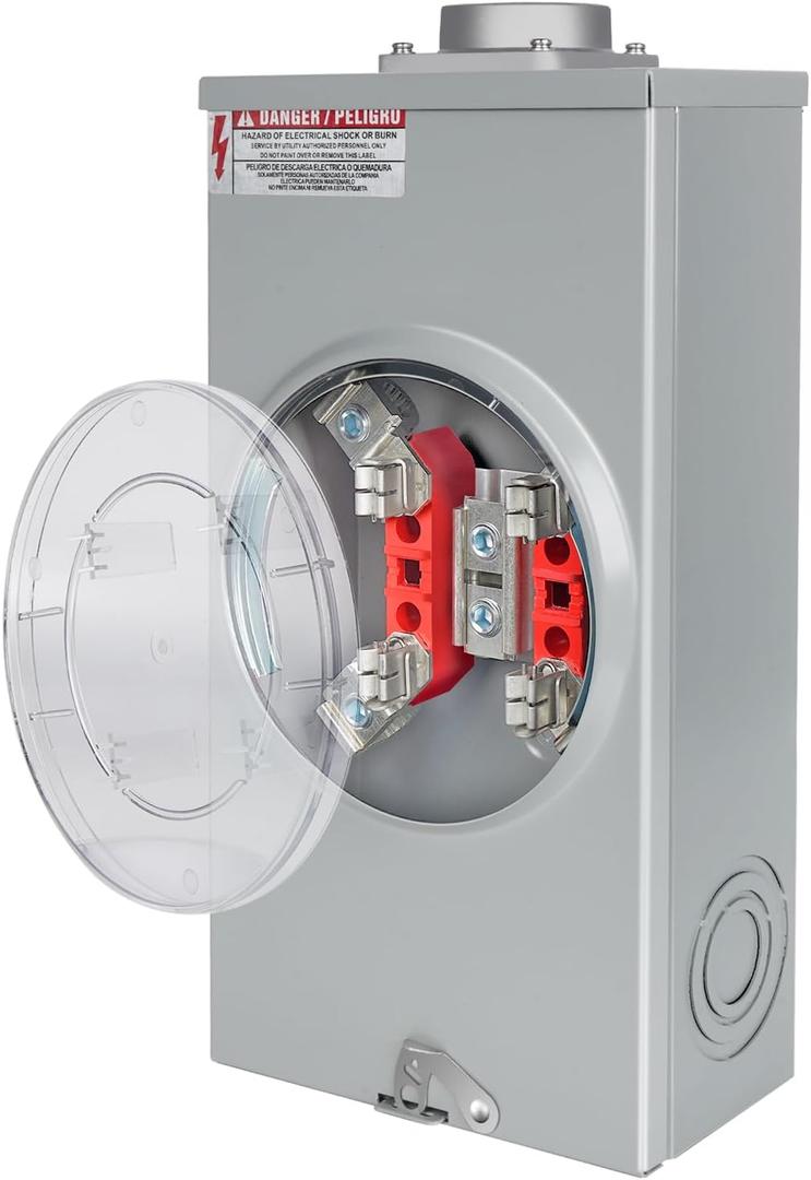 200 Amp Meter Socket 1 Phase 4 Jaw 600V 3 Wire Ringless Type with Horn Bypass and Meter Cover Plate, Suitable for Overhead or Underground Feed