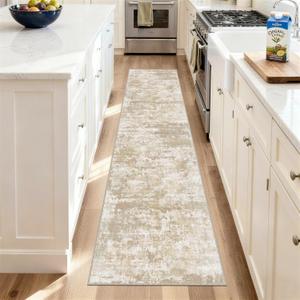 Runners for Hallways Non-Slip 2x8 Washable Kitchen Rug Abstract Tear and Stain Resistance No Pile Hand-Woven Style Lightweight Runners for Entryway, Laundry Room, Bedside, Beige/Yellow