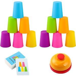 2 Set Interactive Color Stacking Cup Game Set - Mental Training & Competitive Family Activity with 12 Cups, 54 Challenge Cards & Buzzer (Family Edition C)