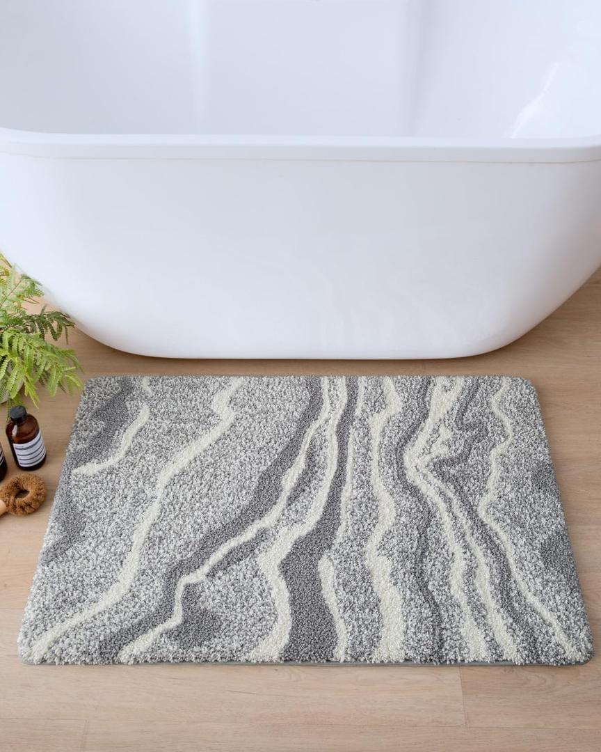 DEXI Bathroom Rug Mat 17x30, Non Slip Machine Washable Marble Bathmat, Absorbent Thick Microfiber Rugs, Soft Plush Carpet for Shower Floor, Tub, Sink, Bath Accessories Decor, Grey (1'5" x 2'6" (Rectangular))