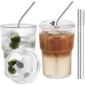 HIGIINC Iced Coffee Cups With Lids and Straws 2 Pcs, 16 OZ Unbreakable Glasses Drinking Set,Clear Plastic Cups Reusable Iced Coffee Tumbler with Lid and Straw, To Go Coffee Cups Dishwasher Safe