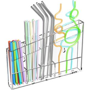 Acrylic Straw Holder for Cabinet - 9.5 Inch Clear Reusable Straw Organizer Dispenser with Ultra Sticky Adhesive Tapes, Slanted Kitchen Accessories Container Cupboard Door Mounted
