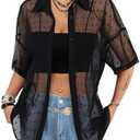 Avanova Women See Through Mesh Button Down Top Half Sleeve Collared Shirt Blouse, L