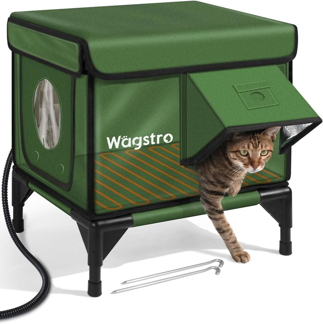 Heated Cat House for Outside, Insulated Weatherproof Heated Outdoor Cat House with Waterproof Eaves & Escape Door, Elevated Outdoor Cat Shelter for Feral Stray Cat (Green, 16.5"x12.6"x16.9")