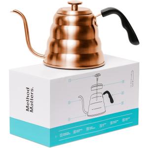 Barista Warrior Gooseneck Kettle for Pour Over Coffee and Tea with Thermometer for Exact Temperature, Precision Pour Drip Spout, Compatible with all Stove Tops (Copper Coated, 1.2 Liter, 40 fl oz)