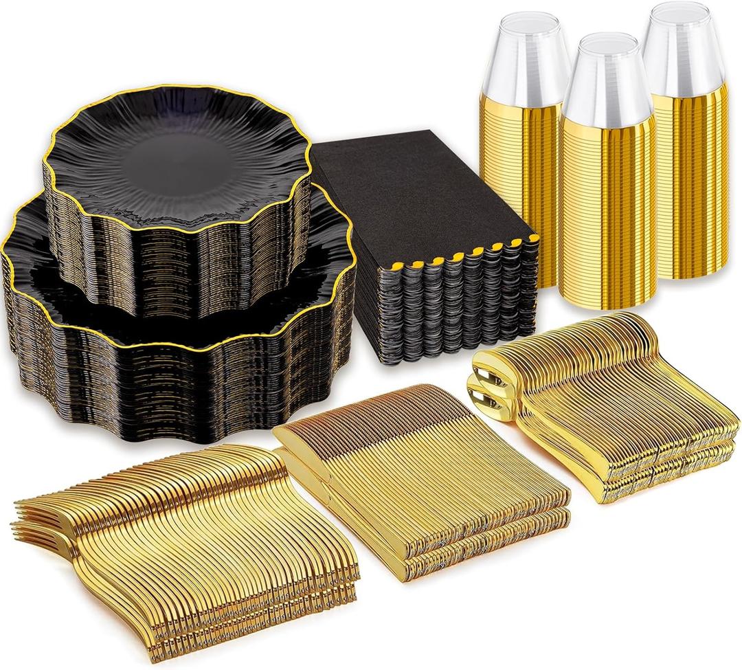 I00000 350 PCS Black and Gold Plastic Plates for 50 Guests, Premium Scalloped Disposable Dinnerware Set Include: 100 Disposable Plate, 50 Napkins, 50 Cups, 50 Silverware Set for Party & Wedding