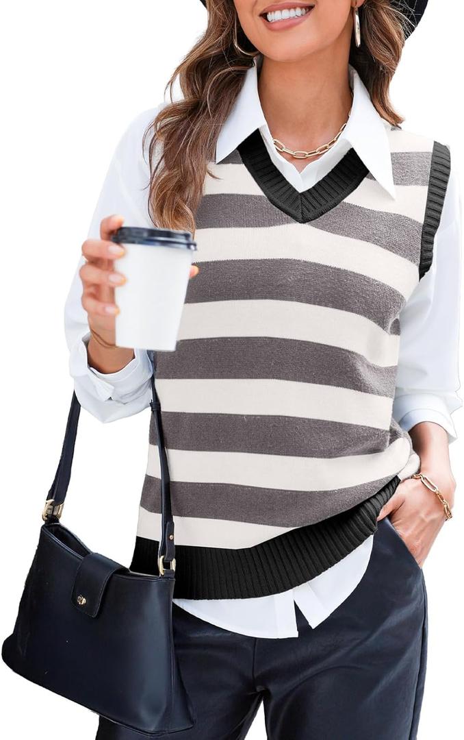EVALESS Sweater Vest Women V Neck Knit Sleeveless Tunic Tank Tops Casual Pullover Sweater Spring Trendy 2026 Outfits (X-Large, 01 Gray Stripe)