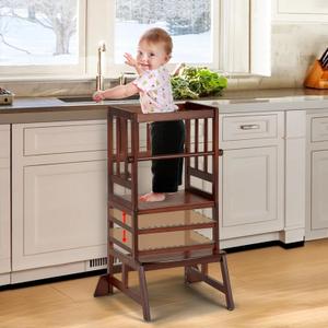 COSYLAND Toddler Standing Tower - Adjustable Height Kitchen Stool Helper | 3-level toddler step stool, 200 lb capacity, easy setup, removable rail, anti-tip feet, non-slip pads for kitchen sink & bath, Red Brown, Large 