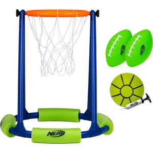 NERF Floating Pool Basketball Hoop + Football Target Net Set - Water Basketball + (2) Water Footballs Included - Floating Hoop + Target Goal for In-Pool + Poolside Play - Sports Toys for Kids, Medium, Small