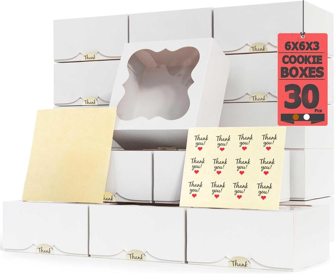 30 Pack 6x6x3 Bakery Boxes with Window  Small Cookie Boxes for Gift Giving  Treat Boxes for Small Cake, Pastry, Strawberries, Dessert, Candy, Charcuterie, Baked Goods and Food (White)