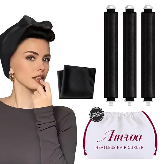 Heatless Hair Curler Heatless Curls Overnight Heatless Blowout with Luxury Cloth Bag satin Scarf, Curling Rod Headband to Sleep in No Heat Curling with (Black, 3Rods)