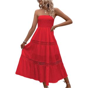 Floerns Women's Boho Tube Top Strapless Flowy Midi Dress Sleeveless Ruffle Hem Vacation Dresses (Medium, Red)
