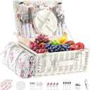 Picnic Basket Set for 4 with Waterproof Blanket Mat Insulation Bag Wicker Pink White Floral Classic Fresh Gift for Christmas Thanksgiving Wedding Birthday Camp Outdoor Beach Travel