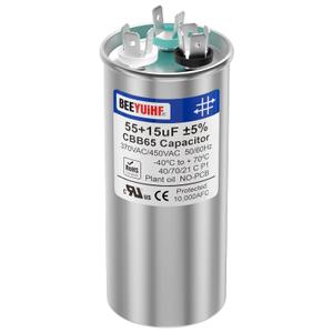 55+15uF 5% 55/15 MFD 370/440/450V AC 50/60Hz CBB65 Capacitor Dual Run Start Round Capacitor for AC Motor/AC Unit Fan Motor Start/Pool Pump/Heat Pump Air Conditioner